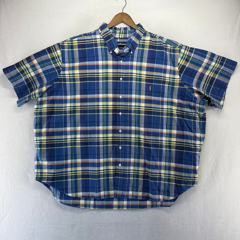 Ralph Lauren Button Down Shirt Mens 4XL Big 4XB Blue Plaid Short Sleeve OCBD